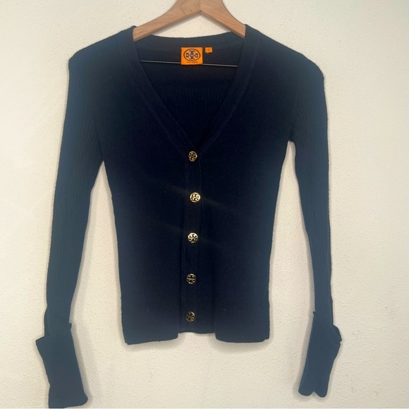 Tory Burch Ribbed V- Neck Cardigan, Navy Blue, size S - Picture 1 of 4